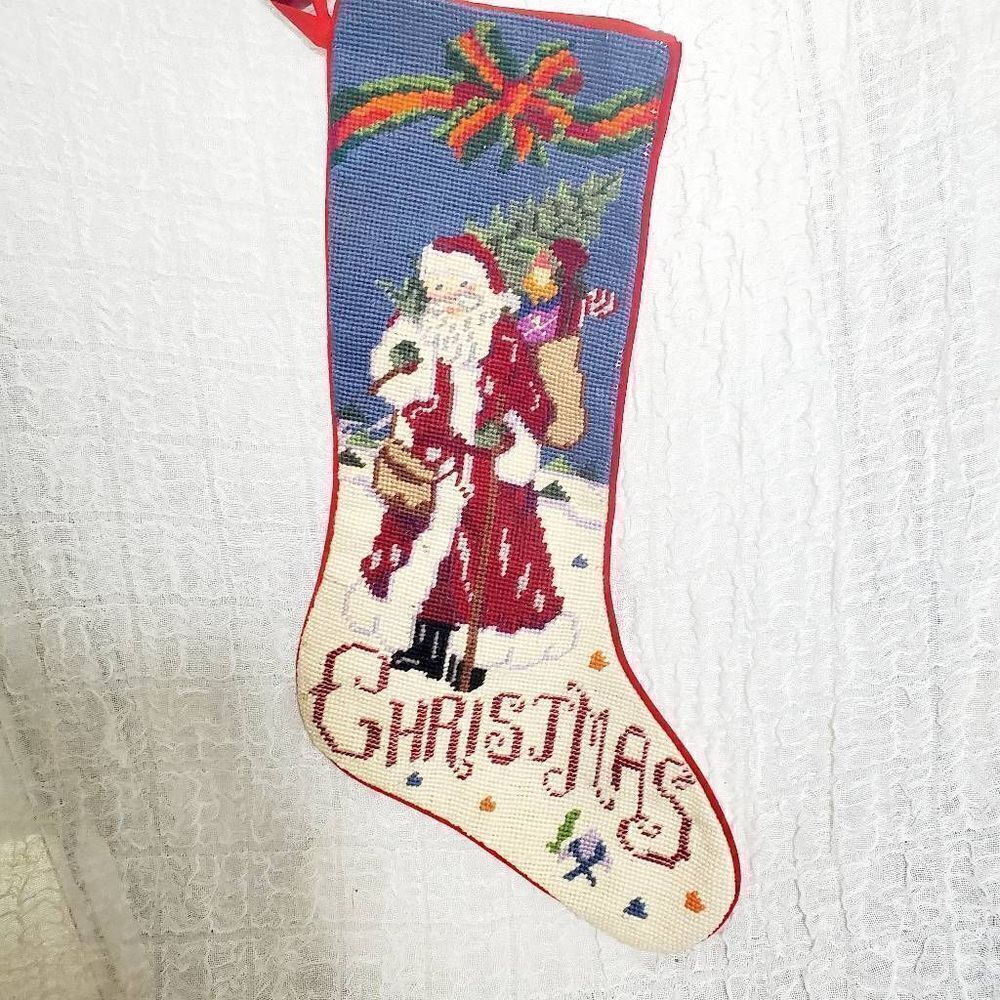 VTG "Old Time Santa" Wool Needlepoint Christmas Stocking